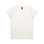 A plain white T-shirt with a round neckline and short sleeves. The shirt features a logo on the label.