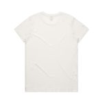 A plain white T-shirt featuring a simple design and a logo on the back.