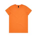 An orange T-shirt with a round neckline and short sleeves, featuring a logo on the tag.