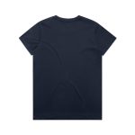 A navy blue T-shirt with a simple design and a logo. The back view shows a smooth, plain surface.
