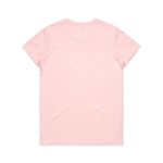 A light pink T-shirt featuring a simple design and a branding logo on the back.