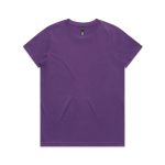 A purple t-shirt with a round neck and short sleeves, featuring a logo on the interior label.