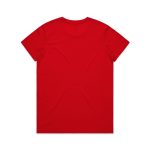 A red T-shirt featuring a plain design and a logo on the back.
