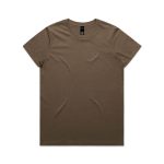 A brown t-shirt with a round neck and short sleeves, featuring a logo on the label.