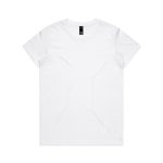 A plain white T-shirt with a round neckline and short sleeves, featuring a logo on the label.