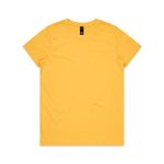 A yellow t-shirt with a round neckline and short sleeves. It features a logo at the neck.