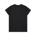 A black, short-sleeved T-shirt with a plain design and a logo on the back.