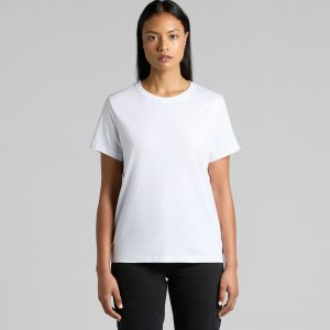 A white organic T-shirt for women, featuring a simple design and a logo.