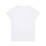 A plain white cotton T-shirt with short sleeves and a crew neckline, featuring a logo on the back.