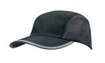 A black cap featuring bee hive mesh panels and a towelling sweatband, with a silver trim on the peak.
