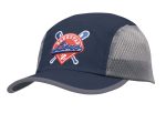 A navy cap with grey mesh panels and an embroidered logo on the front. It features a curved brim.