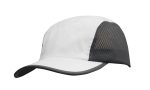 A white cap with a grey mesh side and a curved brim, featuring a logo on the front.