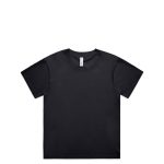 A black t-shirt with a crew neckline, featuring a label inside and a plain design. It has a branding logo.
