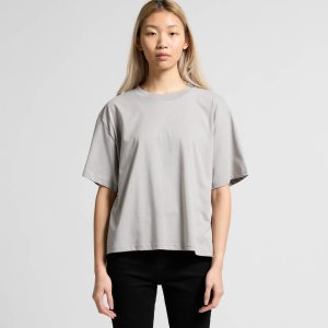 A light grey relaxed fit t-shirt featuring short sleeves. The design includes a subtle branding element.