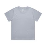 A light grey t-shirt with short sleeves and a round neckline, featuring a branded label at the neck.