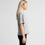A side view of a light grey t-shirt with a relaxed fit, featuring short sleeves and a casual style.