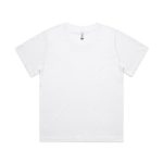 A white t-shirt with short sleeves, featuring a branded label on the neckline.