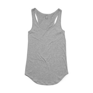 A grey racerback singlet with a relaxed fit and rounded hem. It features a branding logo at the neck.