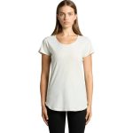 A light grey T-shirt with a scoop neckline and short sleeves, featuring a logo. The model stands facing the camera.