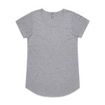 A grey T-shirt with a rounded neckline and short sleeves, featuring a logo on the label.
