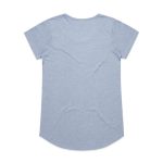A light blue t-shirt with short sleeves and a rounded hem, featuring a logo on the back.