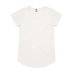 A light cream-coloured t-shirt with a rounded neckline and short sleeves, featuring a logo on the label.