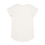 A plain white t-shirt with a rounded hem and short sleeves, featuring a logo on the back.