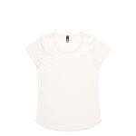 A white t-shirt with a scoop neckline and short sleeves, featuring a branding label.