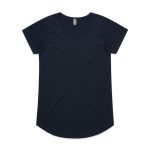 A black women's t-shirt with a round neckline and short sleeves, featuring a logo on the inside label.