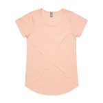 A peach-coloured t-shirt with a scoop neckline and short sleeves, featuring a logo on the tag.