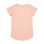 A light peach T-shirt with a rounded hem and a smooth finish. It has a label at the neck and a logo.