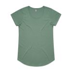 A green short-sleeved t-shirt with a scoop neckline and a curved hem. It has a logo on the label.