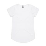 A white t-shirt with short sleeves and a rounded neckline. It features a small logo on the tag.