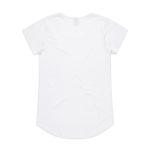 A white short-sleeved t-shirt with a rounded hem and a small logo on the back.