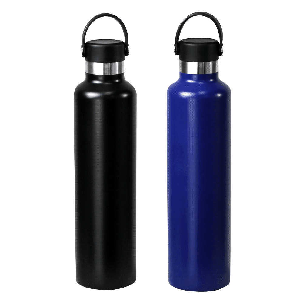A drink bottle set featuring one black and one blue stainless steel 1L bottle, each with a black lid and handle. The Tank Stainless Steel 1L Drink Bottle - Image 1