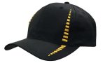 A black cap featuring yellow check pattern detailing and a curved brim. It includes a logo on the side.