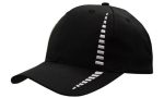 A black cap featuring a distinctive white stripe design, complete with a logo on the front.