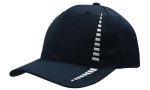 A navy blue cap featuring a unique design on the front and a logo on the side.