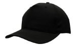 A black breathable poly twill cap with a curved brim and a structured design, featuring a logo.