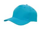 A breathable poly twill cap in bright turquoise, featuring a structured design and a logo.