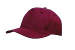 A breathable poly twill cap in a rich burgundy colour featuring a logo.