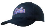 A breathable navy poly twill cap with a logo on the front. The cap features a curved brim and adjustable fit.