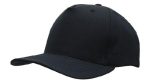 A black breathable poly twill cap featuring a curved brim and an adjustable strap at the back. It has a logo on the front.