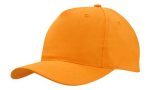 A breathable poly twill cap in vibrant orange with a curved brim and a structured shape. Features a logo on the side.