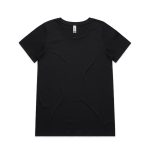 A black t-shirt with a round neckline and short sleeves, featuring a logo tag inside.
