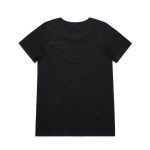 A plain black T-shirt with a classic crew neckline and short sleeves, featuring a logo on the back.