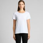 A white t-shirt is displayed on a model, featuring short sleeves and a relaxed fit, with a subtle logo present.