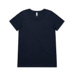 A navy blue T-shirt featuring a simple design and a round neckline. The shirt has a logo on the label.