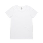 A white t-shirt with a round neckline and short sleeves. It features a logo on the tag.