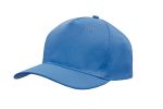 A blue breathable poly twill cap with a curved brim and an attached logo.